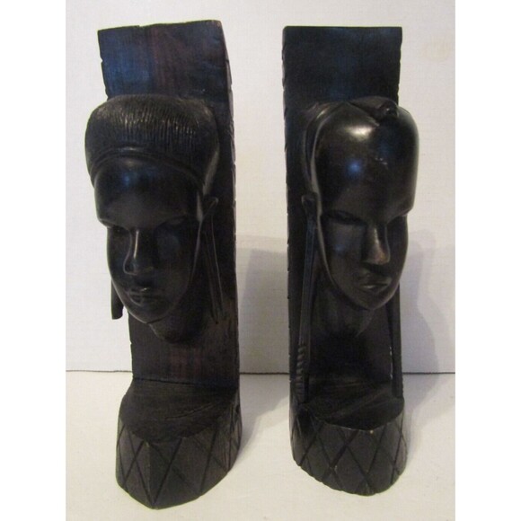 African Bookends Vintage Black Ebony Hand Carved Wood Head Art 9in - Picture 8 of 9